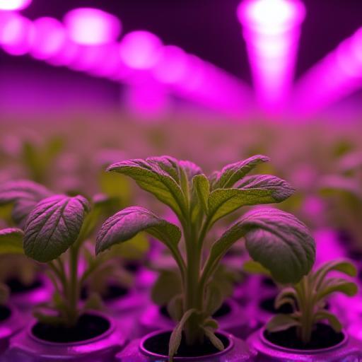 A close-up of plants growing under purple LED lights in a vertical farm