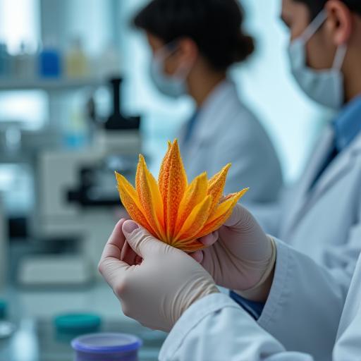A scientist examining a rare fruit in a lab setting in Singapore