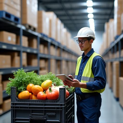 A worker scanning a crate of fresh produce with a tablet showing data
