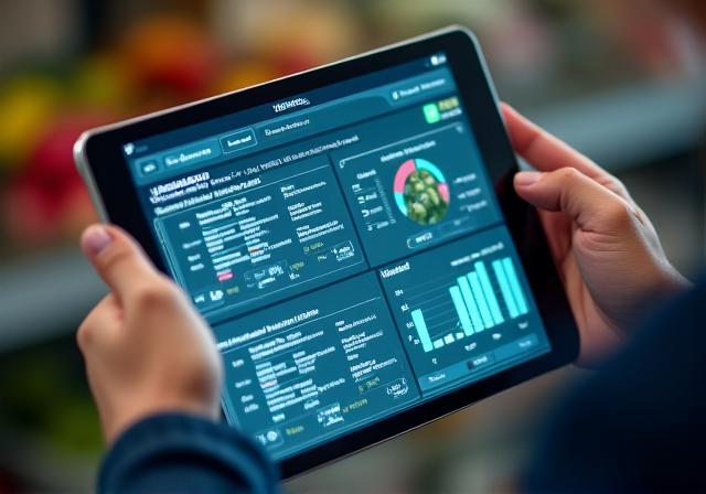 A tablet screen displaying a blockchain traceability dashboard for a shipment of fruit