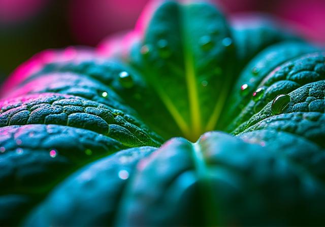 A macro shot of a plant leaf under custom spectrum LED lights